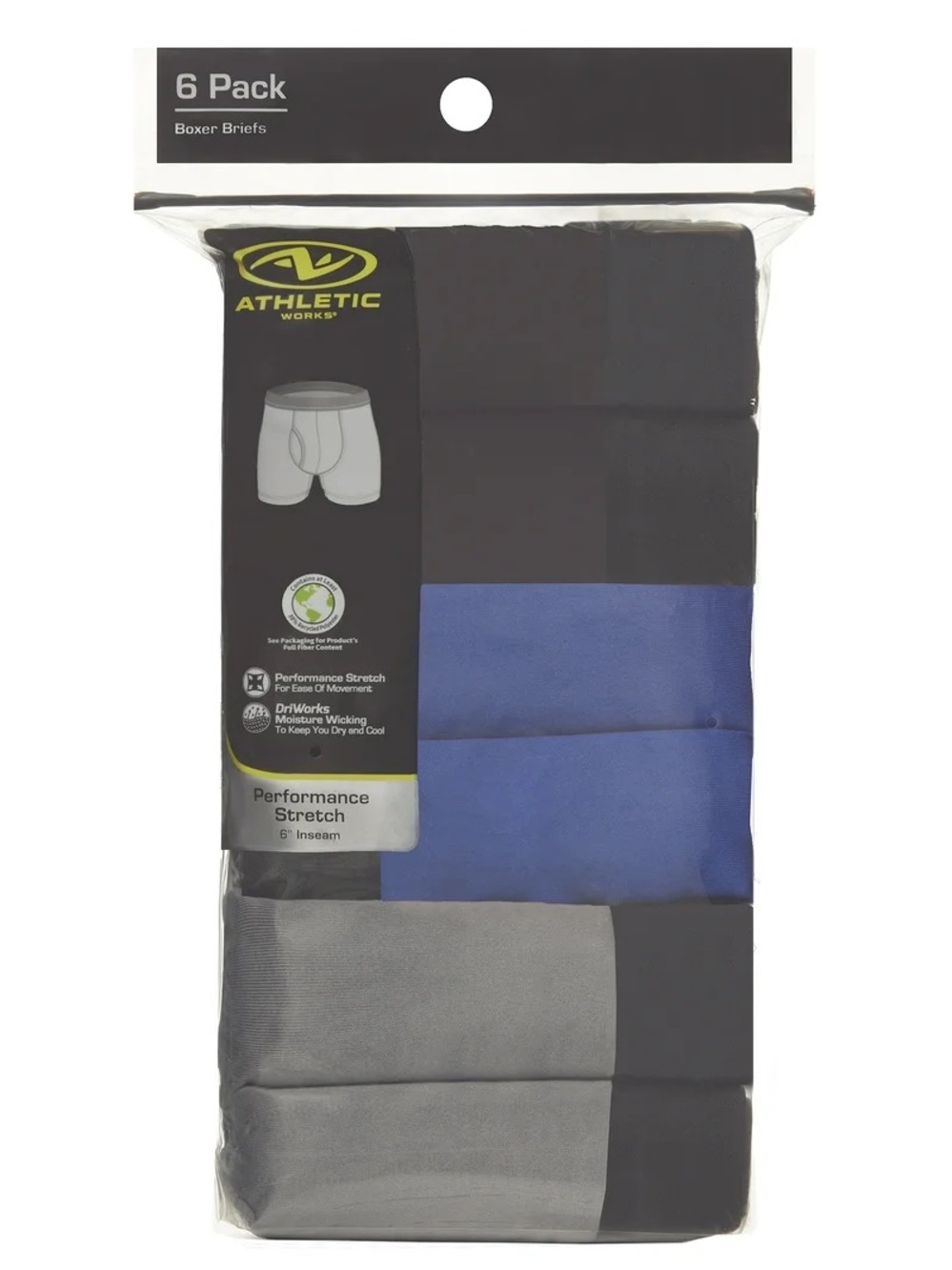 Athletic Works Men's 6-Pack Boxer Briefs Black, Blue, Gray Sz SMALL Waist 28-30